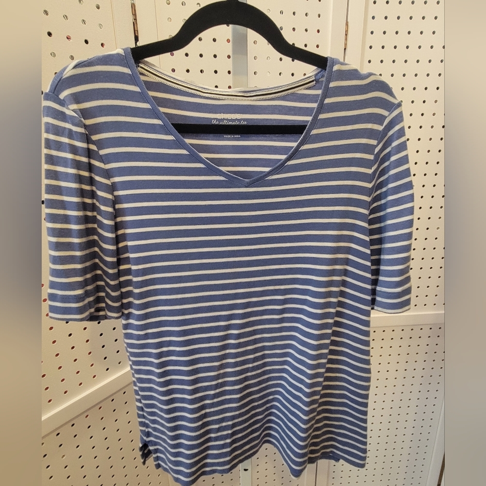 CHICO'S Ultimate TEE Striped V-Neck Tee Lg